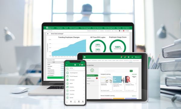 Showcasing Paycom's application on multiple devices.